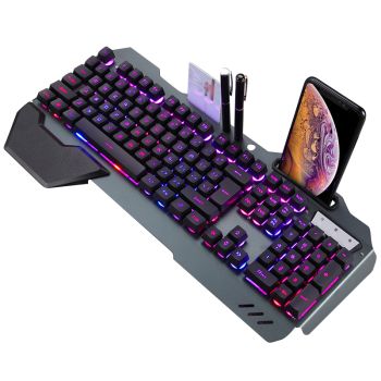 ErgonomicWired Gaming Keyboard with RGB Backlight Phone Holder - Black