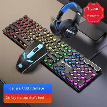 Punk Keyboard And Mouse Set Retro Round Parts Wired - Black Three Piece Set3