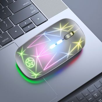 Wireless Bluetooth Mouse Dual-mode Luminous Charging Game Office 5-key Metal Roller - Silver Gray