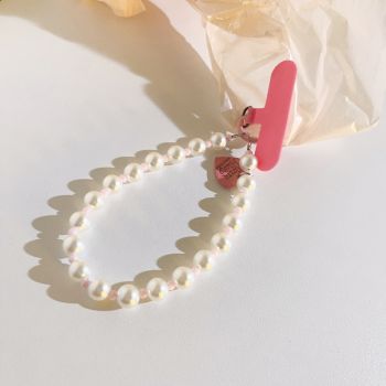 Love Hanging Pearl Crossbody Chain Wristband Wrist Strap Universal Mobile Phone Lanyard - Short Rope Pink Small Clip