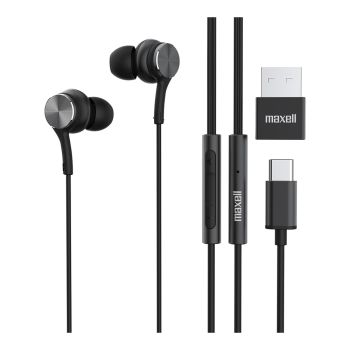 Maxell 197299 Fusion X Wiews In-Ear Earbuds with In-Line Mic/Remote, USB-C Connector, and USB-A Adapter