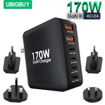Ubigbuy 170W Fast Charger GaN 6-Port USB C PD 100W Wall Charger for MacBook Pro/Air ThinkPad iPad Pro Samsung S23 iPhone 15/14