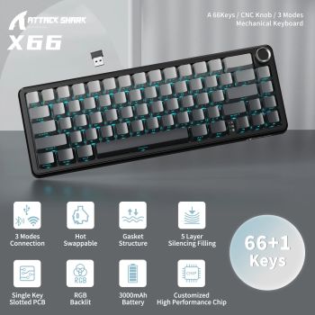 ATTACK SHARK X66 65% Wireless Mechanical Keyboard with Knob, 66 Keys Tri Mode Gasket Hot Swap RGB Gaming Keyboard 60 Percent,PBT