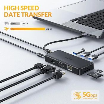iDsonix USB-C Hub Multi Adapter 10 in 1 Docking Station 5Gbps 4K/30Hz HDMI VGA USB 3.0 SD TF 3.5mm Audio Jack Ethernet Hub