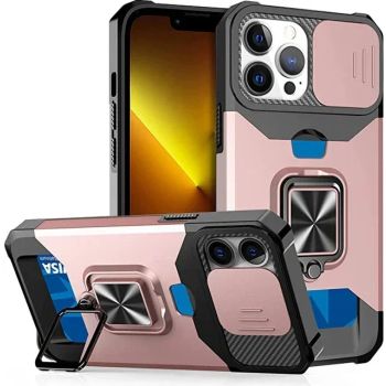 Case For iPhone 17 16 15 14 13 12 Pro Max Plus 8 7 Plus Mini Heavy Duty Protection With Sliding Camera Cover And Card Clip CoverGOLD IPHONE 15 PLUS