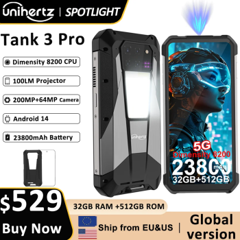 US EU MX Warehouse Unihertz Tank 3 Pro 8849 with 100 Lumens 5G Projector phone,32GB/36GB RAM,512GB ROM,23800mAh 120W,200MP, NFC