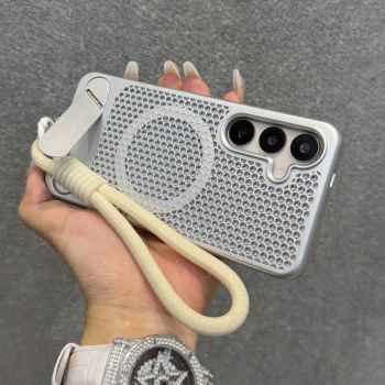 Luxury Lanyard Magnetic Heat Dissipation Invisible Fold Stand Phone Case For Samsung S24 S25 Ultra Plus Breathable Plating Cover