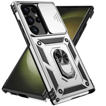 Slide Camera Lens Military Grade Armor Case For Samsung Galaxy S25 Ultra Plus S24FE A16 A06 A26 A36 A56 Holder Ring Stand 2026SILVER UNITED STATES FOR GALAXY S25