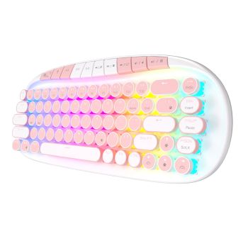 RK ROYAL KLUDGE ROUND Retro Punk Mechanical Keyboard 2.4G Wireless Bluetooth USB 68 Keys RGB Hot Swap Typewriter Gamer KeyboardWHITE PINK SWITCH
