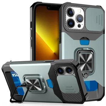 Case For iPhone 17 16 15 14 13 12 Pro Max Plus 8 7 Plus Mini Heavy Duty Protection With Sliding Camera Cover And Card Clip CoverGREEN IPHONE 14
