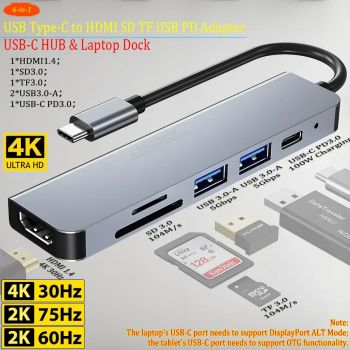 6-in-1 USB-C HUB Type-C to HDMI SD TF USB PD Adapter Laptop Dock for MacBook Surface matebook magicbook notebookHWS 61430PD