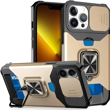 Case For iPhone 17 16 15 14 13 12 Pro Max Plus 8 7 Plus Mini Heavy Duty Protection With Sliding Camera Cover And Card Clip CoverGOLD IPHONE 13 MINI12MINI