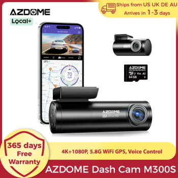 AZDOME M300S 4K Dash Cam Front and Rear, 5.8G WiFi GPS Dash Camera for Cars, Free 64GB SD Card, Voice Control, WDR Night Vision