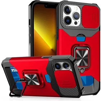 Case For iPhone 17 16 15 14 13 12 Pro Max Plus 8 7 Plus Mini Heavy Duty Protection With Sliding Camera Cover And Card Clip CoverRED IPHONE 14 PRO