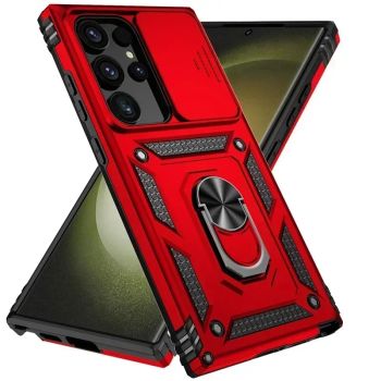 Slide Camera Lens Military Grade Armor Case For Samsung Galaxy S25 Ultra Plus S24FE A16 A06 A26 A36 A56 Holder Ring Stand 2026RED UNITED STATES FOR GALAXY S25 PLUS