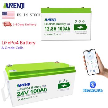 ANENJI 100AH LiFePo4 Battery 24V 12V 1.256KWH 2.56KWH Grade A Cells Lithium Iron Phosphate Battery BMS 6000+ Cycle for Golf Cart