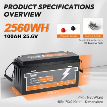 PowMr 24V 100Ah LiFePO4 Battery 2560Wh Energy 100A BMS A+ Cells Max in Parallel 4PC 6000+ Cycle For RV Van Trolling Motor Camp24V 100AH UNITED STATES