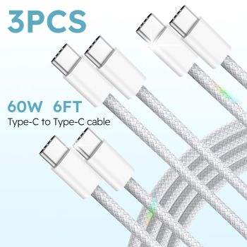 3-Pack 6 ft 60W Nylon USB-C to USB-C Fast Charging Cables - White