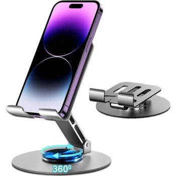 360° Rotating Metal Phone Stand, Foldable Adjustable Cell Holder for Desk, Universal Mount for iPhone iPad Tablet SwitchUNITED STATES GRAY