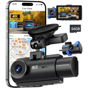 4K 5G WiFi Dash Cam Front Rear Inside, GPS Night Vision Parking Mode G-Sensor, 64GB Card IncludedUNITED STATES