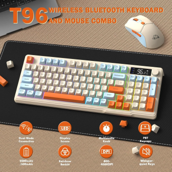 ZIYOU LANG T96 Wireless Gaming Keyboard and Mouse Combo, BT/2.4G RGB Backlit with Smart Display & Knob, 4000 DPI Gaming Mouse
