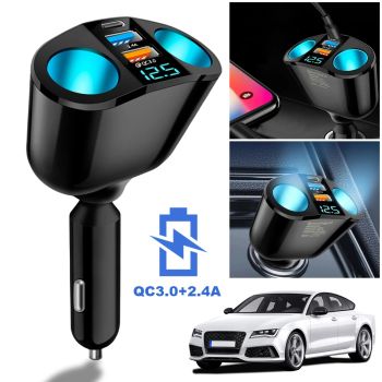 Car Cigarette Lighter Socket Splitter PD QC3.0 12V-24V 2 USB Charger C Ports Blue Atmosphere Light Quick Charge Car Charger 2.4AUNITED STATES