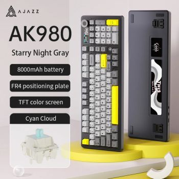 AJAZZ AK980 V2 Three-Mode Hot-Swappable Wireless Mechanical Keyboard, 1.14-inch Color Screen + Volume Knob, 98-Key Layout,RGBQINGYUN AXIS UNITED STATES