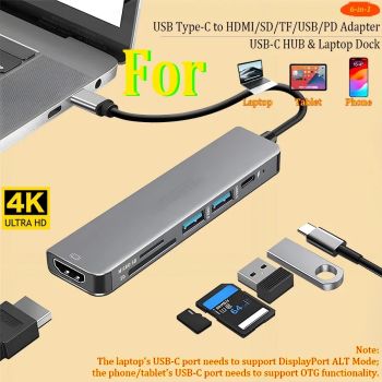 6-in-1 USB-C HUB Type-C to HDMI SD TF USB PD Adapter Laptop Dock for MacBook Surface matebook magicbook notebook