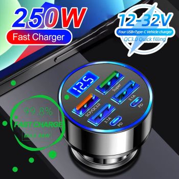 250W PD Car Charger QC3.0 Fast Charge 1 to 6 Car Cigarette Lighter Plug 5 Port Car Charger Flash Charge with Digital Display