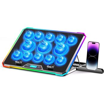 Gaming Laptop Cooler with 13 Quiet Fans, LCD Screen, RGB Lights, Adjustable Height for 15-21 Inch LaptopsUNITED STATES