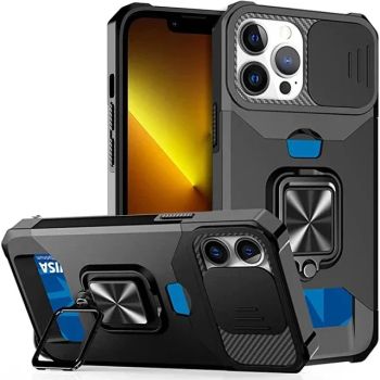 Case For iPhone 17 16 15 14 13 12 Pro Max Plus 8 7 Plus Mini Heavy Duty Protection With Sliding Camera Cover And Card Clip CoverBLACK IPHONE 14 PLUS
