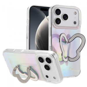 Phone Case with Rainbow Gradient – Sparkling Style & Hands-Free Stand for Apple iPhone 17 Pro Max (White)