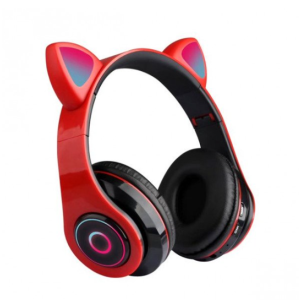Bluetooth Wireless Cute Cat LED Foldable Headphone Headset for Universal Cell Phones, Laptop, Tablet, and More (Red)